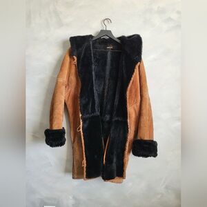 Synergy Suede Leather Faux Shearling Tan and Black Hooded Size S Oversized Coat